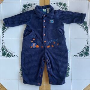 Vintage Sesame Street Cookie Monster Romper 12M Navy Velour Waffle Knit 90s 🏆